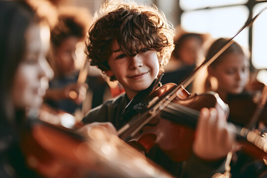Children of diverse backgrounds playing violin together in a school orchestra