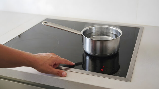 Hand Pressing Touch Control Panel on Modern Black Induction Cooktop | Stainless Steel Saucepan Boiling Water on Black Glass Induction Hob | Hand Operating Temperature Settings on Modern Touchscreen 