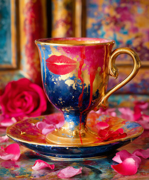 Ornate colorful teacup and saucer with lip motif surrounded by rose petals. Romantic afternoon tea still life celebrating love, beauty, luxury, and artistic tableware design.