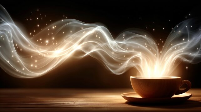 Steaming cup of coffee with magical glowing wisps and sparkling stars. Warm morning beverage concept with dreamy atmosphere, relaxation, creativity, comfort and inspiration.