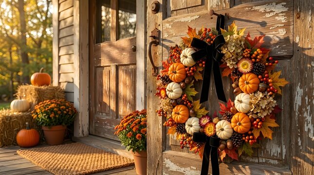 A vibrant and festive halloween display showcases an abundance of pumpkins and autumn decorations creating a welcoming scene