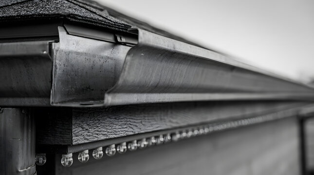 Close Up of Clean Metal Roof Gutter with Decorative String Lights | Aluminum Seamless Gutter System Installed on Residential House Roof | Close Up Profile of House Gutter and Eaves with String Lights 