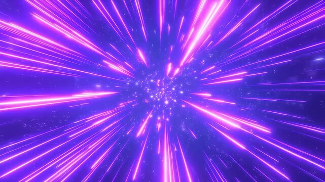 Abstract animation of purple and pink glowing streaks radiating outward from a central point with small particles. Atmospheric backdrop shaped by energy burst and light speed.