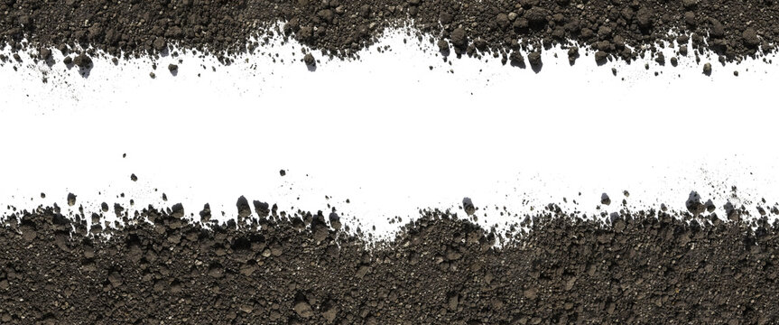 Top and bottom border frame of dark brown soil and dirt on black