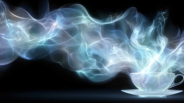 Translucent cup with swirling steam on dark background. Abstract hot beverage concept with elegant vapor movement, relaxation, warmth, cafe atmosphere, and copy space for creative design.
