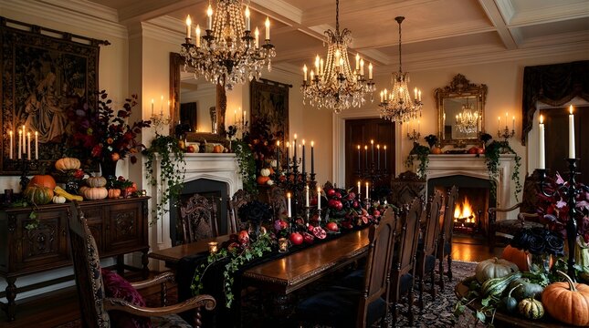 A beautifully decorated grand interior scene evokes a spooky and elegant halloween atmosphere with candlelight and pumpkins