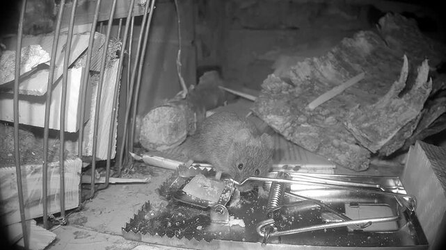 Bank vole (Clethrionomys glareolus) nibbles bait from a set metal mousetrap at night, useful for pest control, wildlife behavior or rodent research topics.