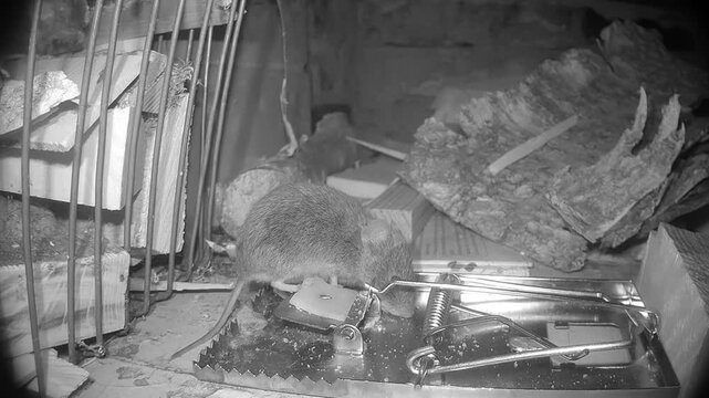 Bank vole (Clethrionomys glareolus) nibbles bait from a set metal mousetrap at night.
