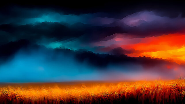 Dramatic sunset over a golden grass field beneath layered storm clouds. Moody nature landscape conveying weather, contrast, tranquility, and atmospheric wilderness.