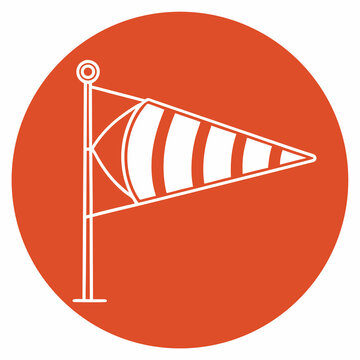 A white outline of a windsock on a solid orange circular background, indicating wind direction and speed