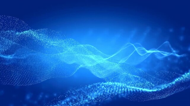 Blue glowing particles flow smoothly in undulating wave patterns across a dark blue gradient background. Flowing visual background for visual effects and digital presentations.