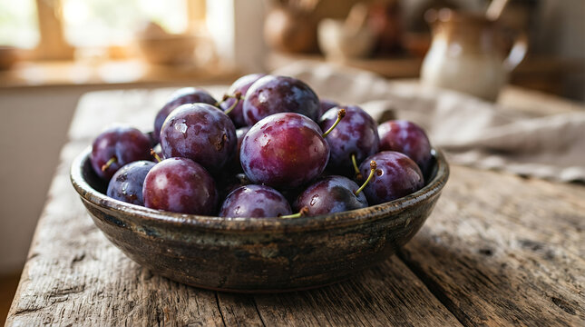 plums in a rustic bowl on a wooden table with natural light
