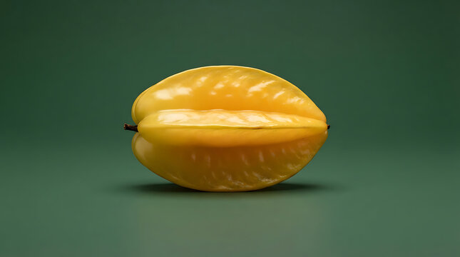 Ripe starfruit Averrhoa carambola centered on matte dark green background provides minimalist tropical fruit aesthetic for culinary projects healthy lifestyle blogs organic market advertising menus.