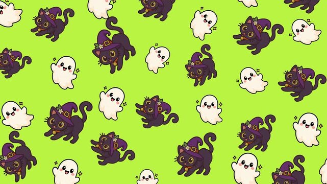 Cute witch cat and ghost Halloween seamless loop pattern, flat vector illustration with sparkles on green background.