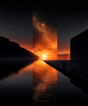 Surreal sunset over calm water with starry sky, dark mountain, geometric architecture and glowing reflection. Futuristic landscape concept for imagination, mystery and exploration.