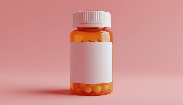 Amber pill bottle with blank label on pink background for medical branding mockup.