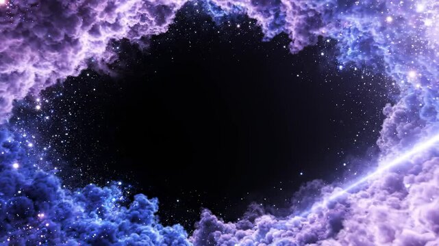 Abstract Cosmic Frame With Glowing Purple Clouds and Sparkling Stars in Deep Space