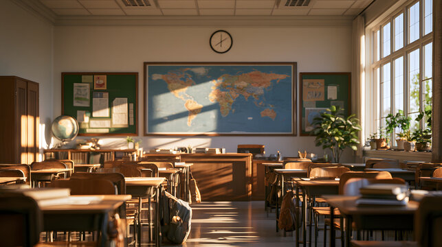 Sunlit classroom with wooden desks and a world map on the wall, evoking a sense of learning and exploration.