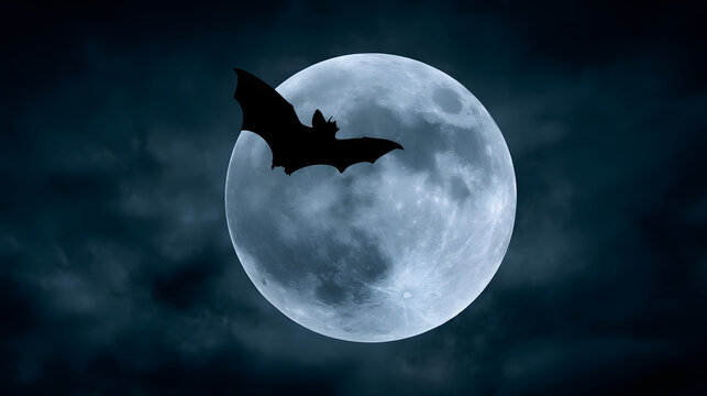 A bat silhouetted against a full moon, creating a mysterious and eerie atmosphere.