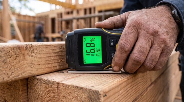 Skilled carpenter uses a digital moisture meter to carefully measure the percentage of water content within a heavy pine wooden beam on a sunny construction site