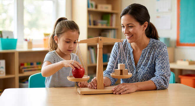 Curious schoolgirl weighs a red apple against wooden blocks on a balance scale while her teacher supports a hands-on classroom math lesson.