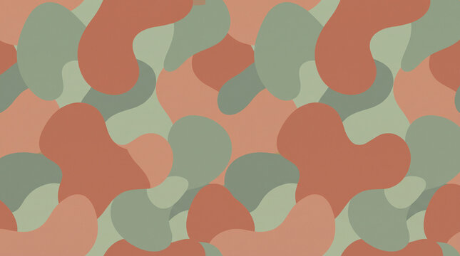 Seamless abstract camouflage pattern with organic fluid shapes in terracotta and sage green colors