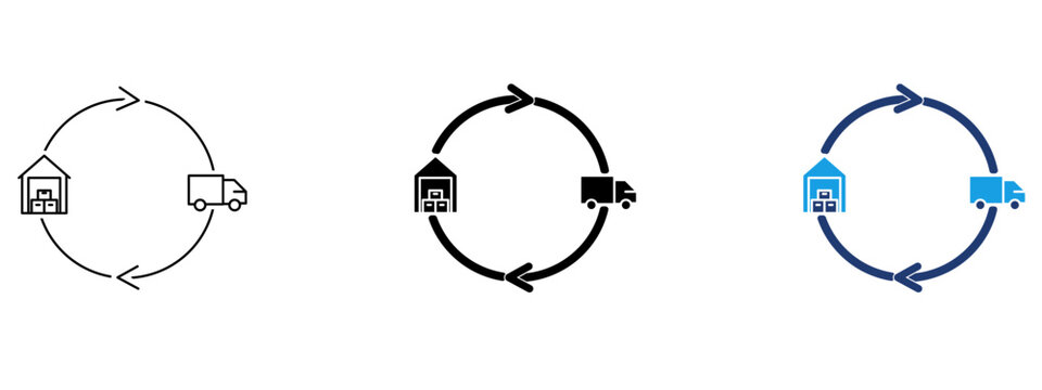 Supply chain cycle icon with warehouse and delivery truck. Symbol of logistics management, inventory replenishment, distribution process, return shipping, and freight transport.