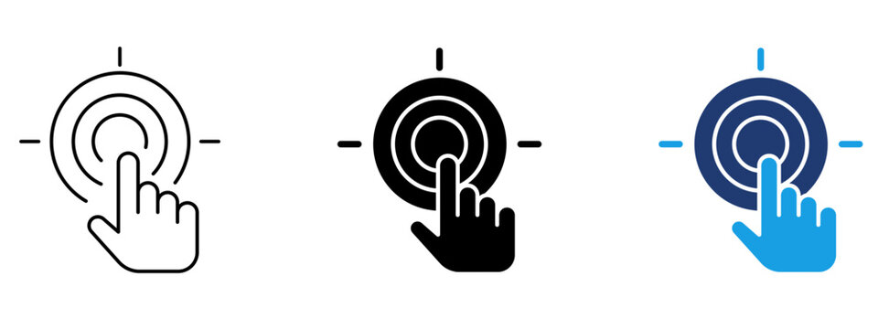 Target click icon with hand touch gesture and concentric circles. Symbol of call to action, accurate targeting, goal achievement, focus point, interactive UI, and digital selection.