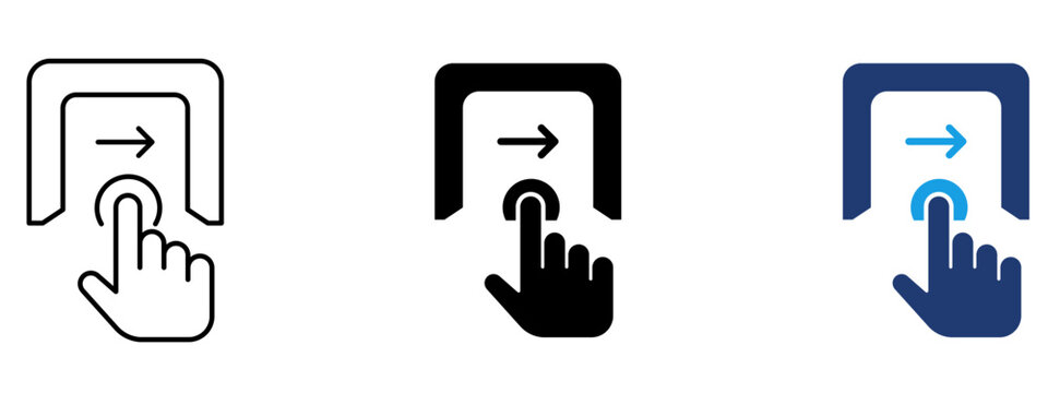 Automatic door entrance icon with hand touch gesture and arrow. Symbol of access control, turnstile gate, touchless sensor, swipe to enter, smart entrance, and interactive UI concept.