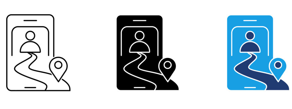 Mobile GPS navigation icon with road map pin and user profile. Symbol of live location tracking, trip route, driver tracking, journey destination, mobile map app, and wayfinding.