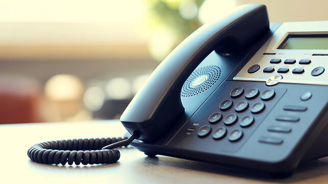 A close-up photograph of a professional office desk telephone with a receiver and numeric keypad in a modern corporate workspace setting