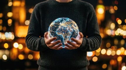 Fototapeta premium Businessman holding a glowing digital Earth globe representing global connectivity