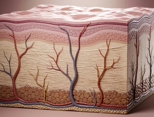 Obraz na płótnie Canvas 3D medical illustration of human skin cross section. Detailed anatomy shows epidermis, dermis, subcutaneous fat layers. Blood vessels, nerves run through tissue structure. Realistic diagram