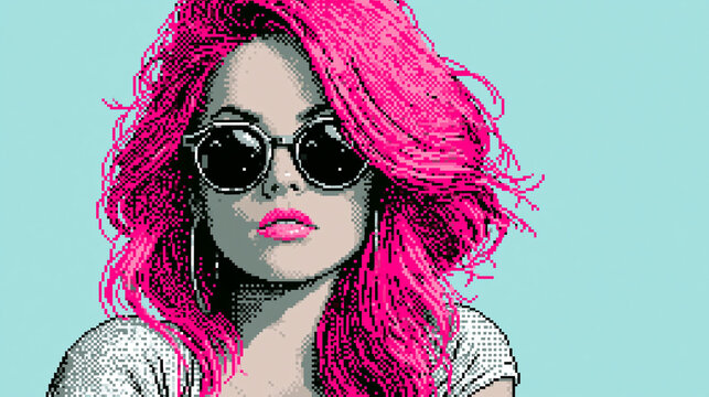 Retro Pixel Art Portrait of a Woman with Pink Hair and Sunglasses