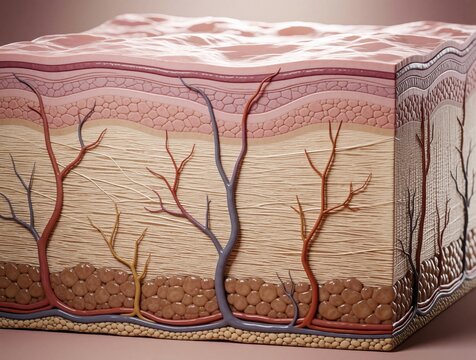 3D medical illustration of human skin cross section. Detailed anatomy shows epidermis, dermis, subcutaneous fat layers. Blood vessels, nerves run through tissue structure. Realistic diagram