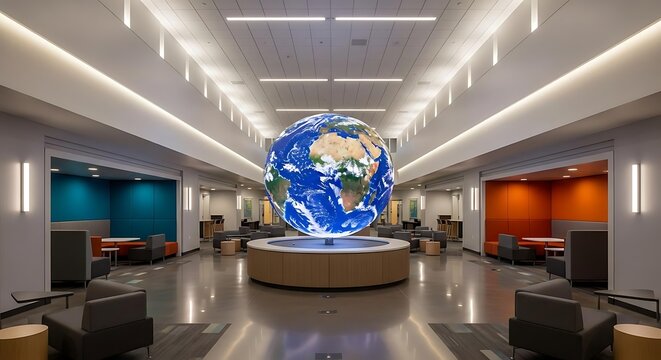 Large illuminated globe sculpture centered within modern corporate office lobby interior design