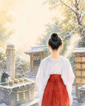 Watercolor illustration of a Japanese shrine maiden seen from behind in white robe and red hakama standing in a snowy shinto shrine with water purification basin, wooden votive tablets and sacred stra