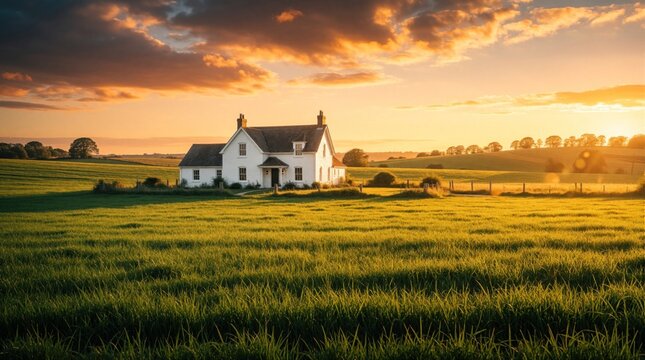 White farmhouse sits in green field during golden hour sunset. Rolling hills and warm sky create peaceful rural scene. Serene countryside atmosphere with classic architecture.