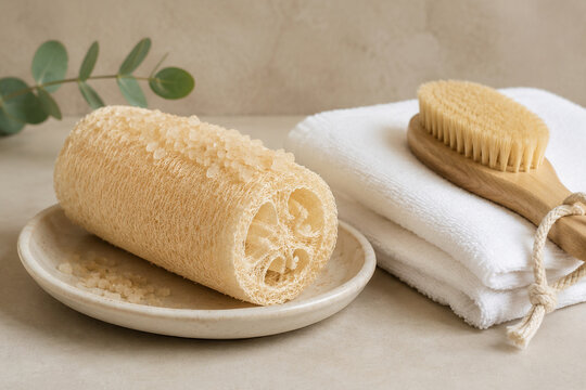 Natural loofah sponge with sugar scrub on ceramic dish, spa and skincare concept