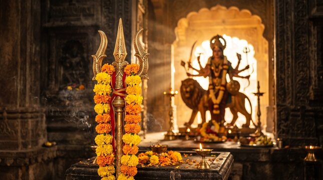 Close-up of a golden Trishul trident decorated with marigold flowers garland, with a blurred silhouette of Goddess Durga in the moody temple ... See More