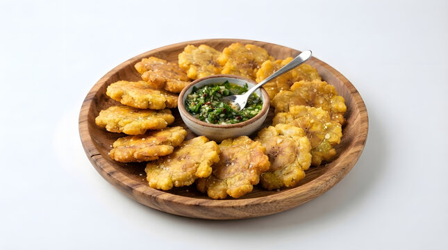 Medium shot of tostones (fried plantains) with spicy dipping sauce on white background. Latin American and Caribbean region snacks,tropical appetizer menu assets