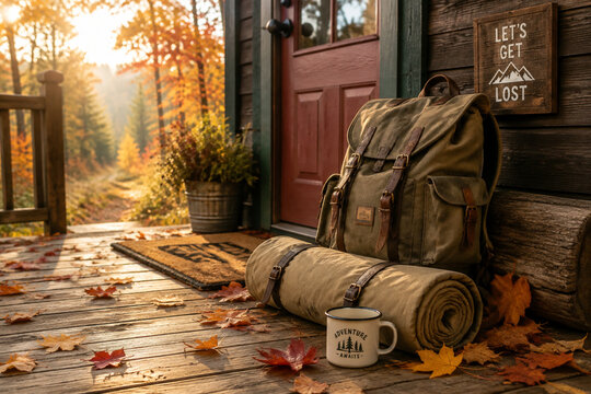 Autumn doorstep with canvas tent, backpack on log, and enamel mug among fall leaves, outdoor adventure and cozy retreat concept