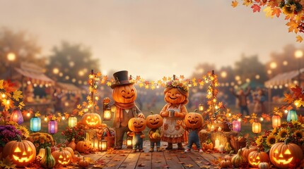 Fototapeta premium Magical halloween street scene with glowing pumpkins and festive autumn decorations