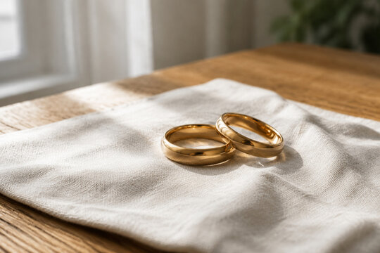 Two gold wedding bands on pale linen cloth, marriage and commitment concept