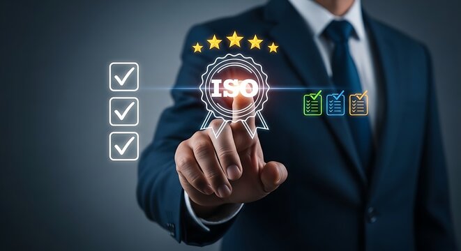 Businessman touching ISO standard certification virtual icon for quality management