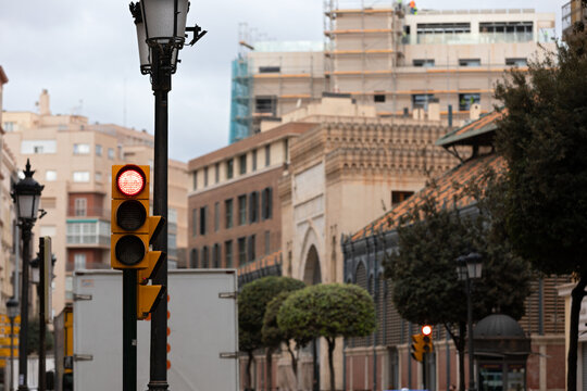 Red Traffic Light on an Urban Street in Barcelona, Spain