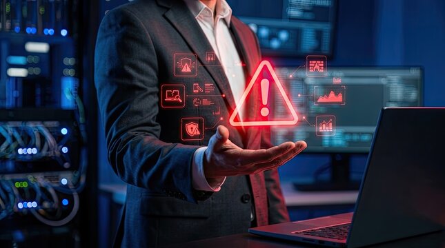 IT professional holding digital cyber security threat warning alert