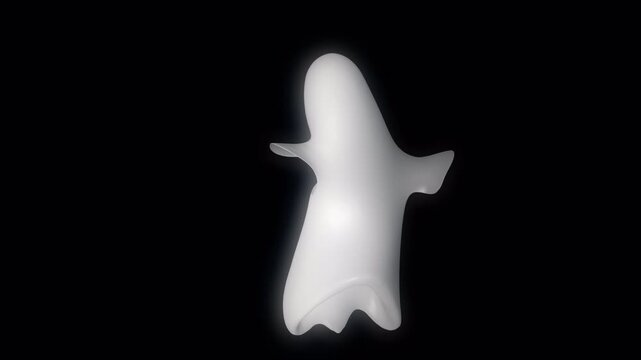 Animated white ghost character dancing on black background with glowing ethereal effect. Spooky spirit figure moving rhythmically for Halloween party celebration. Alpha channel.