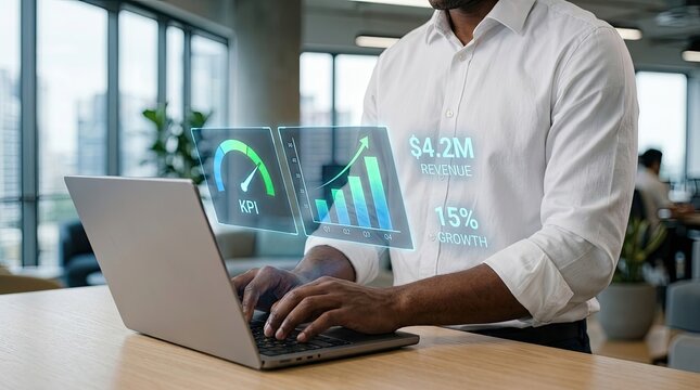 Businessman using laptop with futuristic holographic data charts and analytics in office