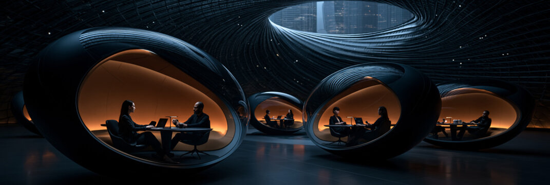 modern futuristic business studio with people seated in glass partitioned booths, contemporary corporate workspace with transparent meeting areas, innovative office interior featuring professionals